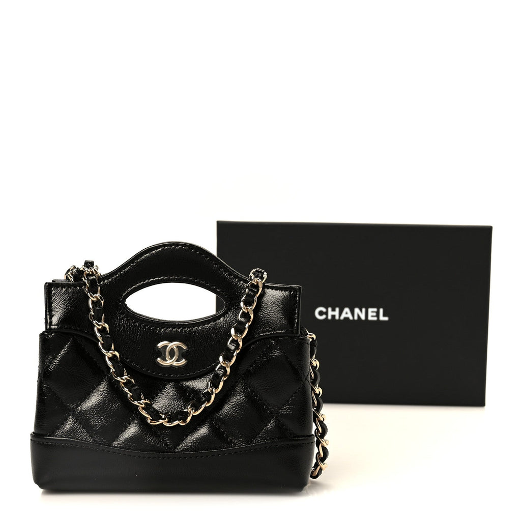 Chanel Shiny Lambskin Quilted Micro 31 Clutch With Chain Black