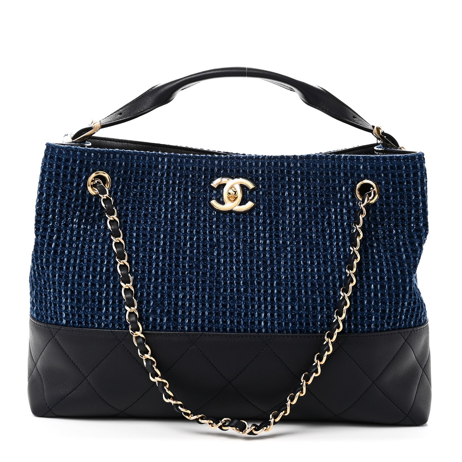 Chanel Tweed Shiny Lambskin Quilted Coco Base Small Shopping Bag Dark Blue