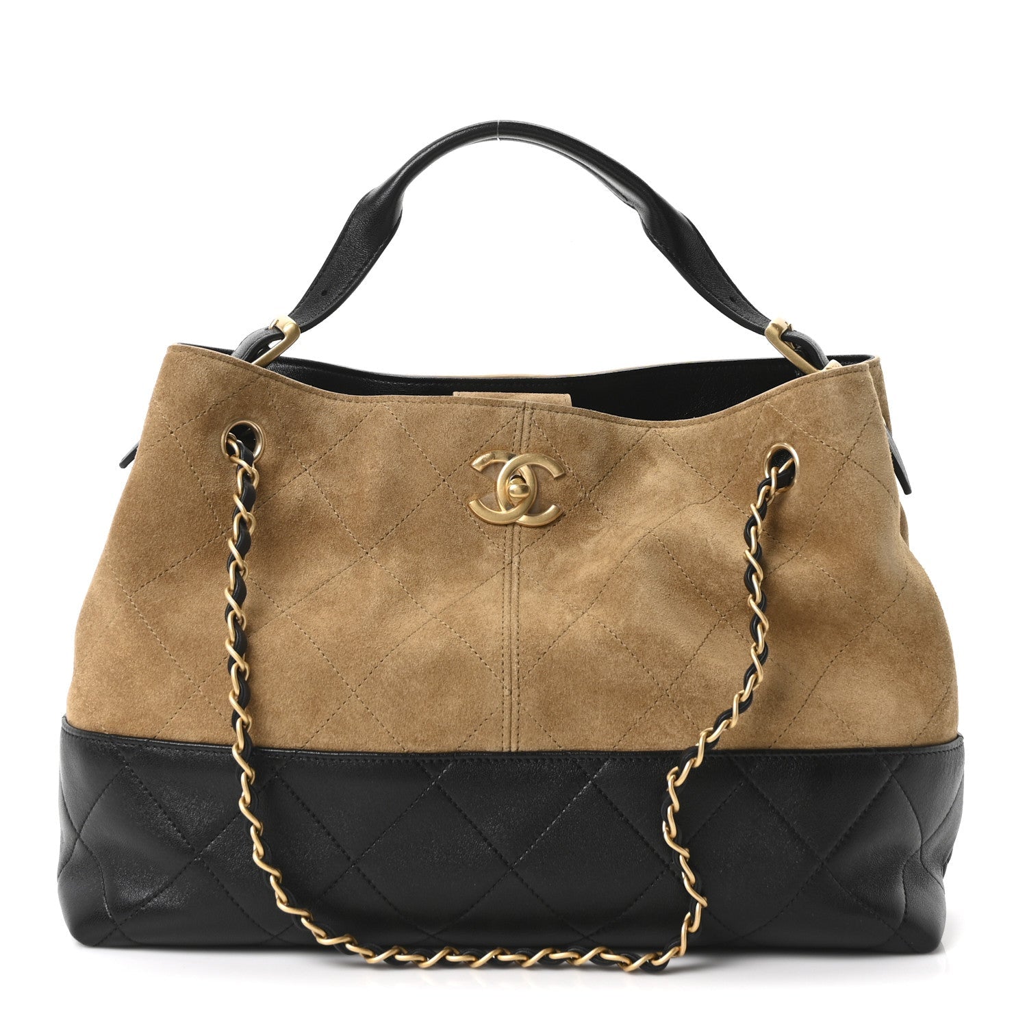Chanel Suede Calfskin Shiny Lambskin Quilted Small Coco Base Shopping Bag Beige Black
