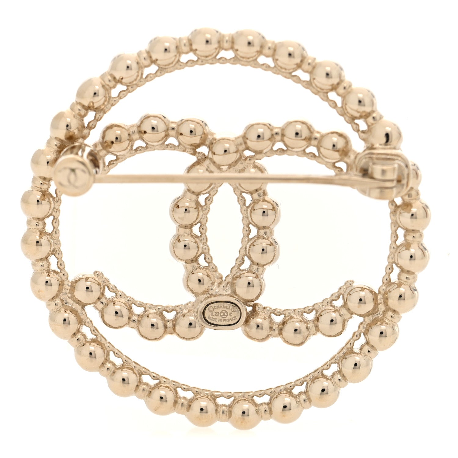 Metal Bead CC Round Brooch Gold