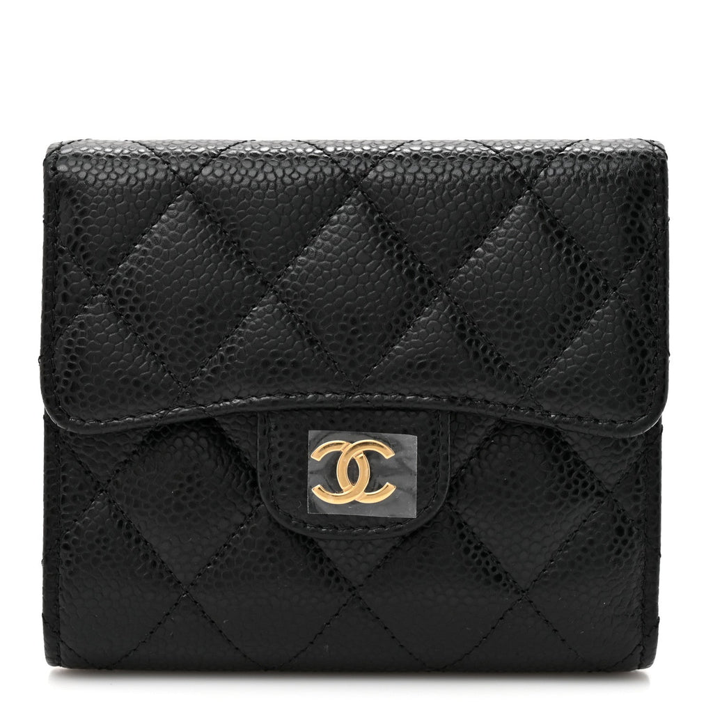Caviar Quilted Compact Flap Wallet Black