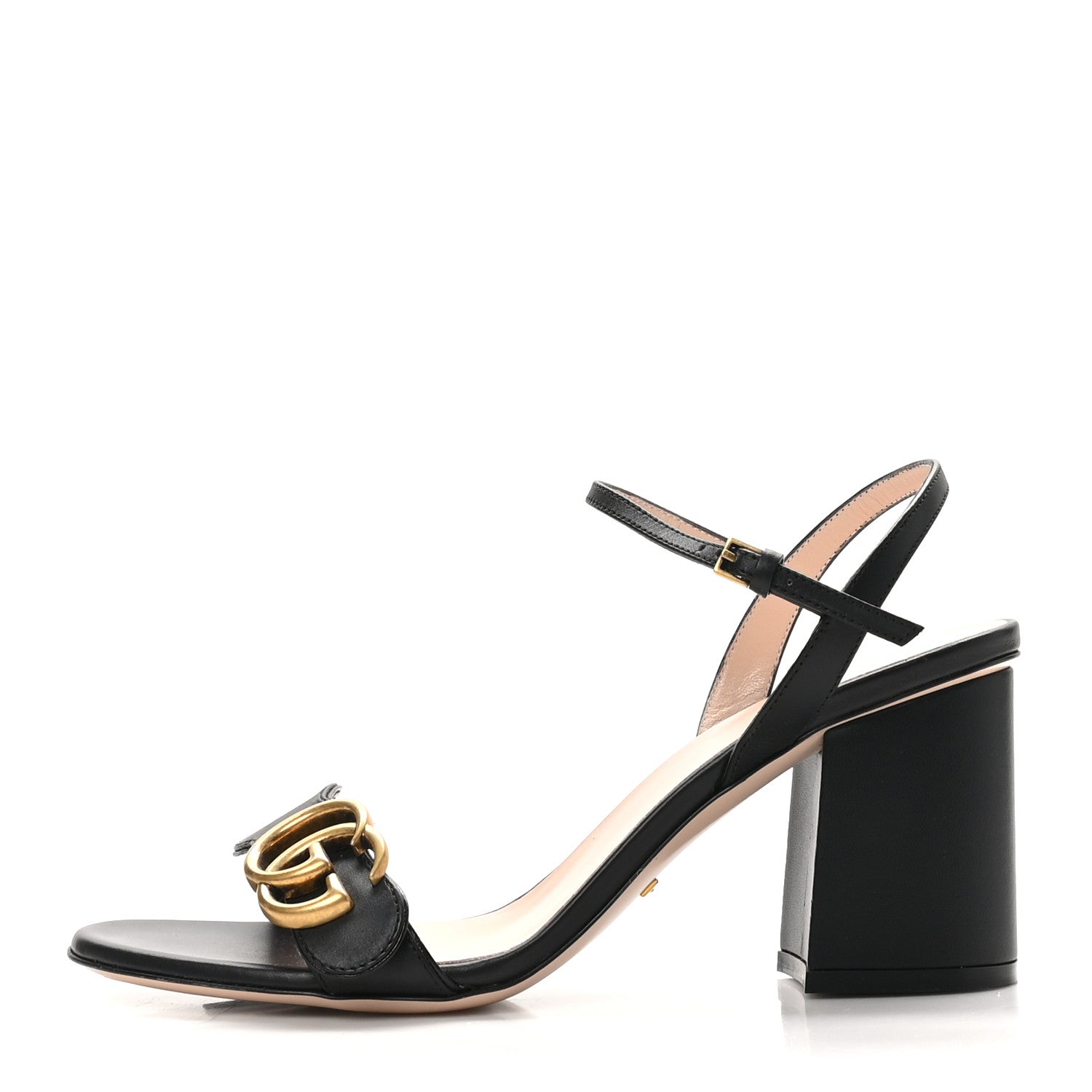 Gucci Lifford Calfskin GG Marmont Ankle Wrap 75mm Sandals 37.5 Black
