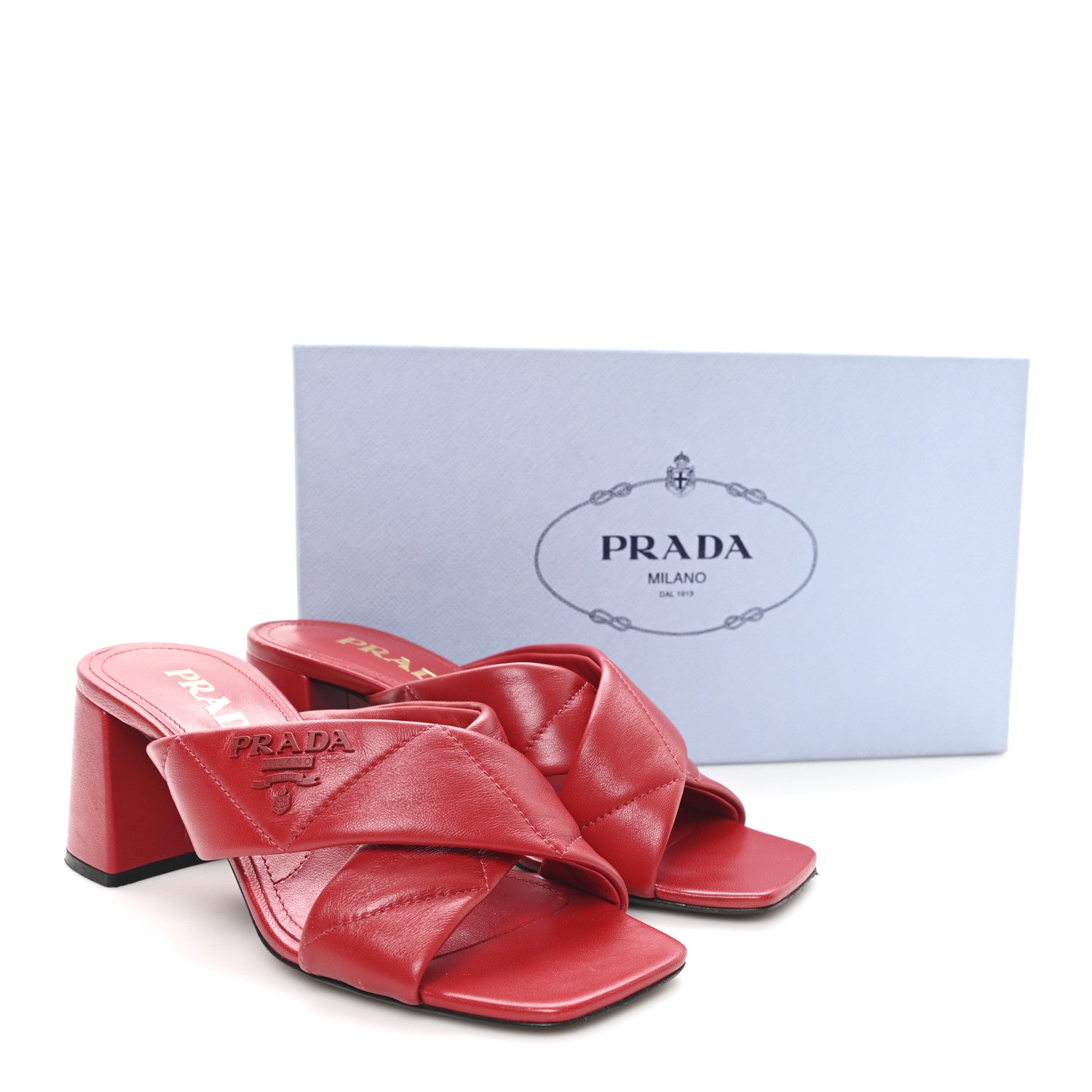Prada Nappa Logo Quilted Crisscross 65mm Block Heel Slide Sandals 36.5 Red