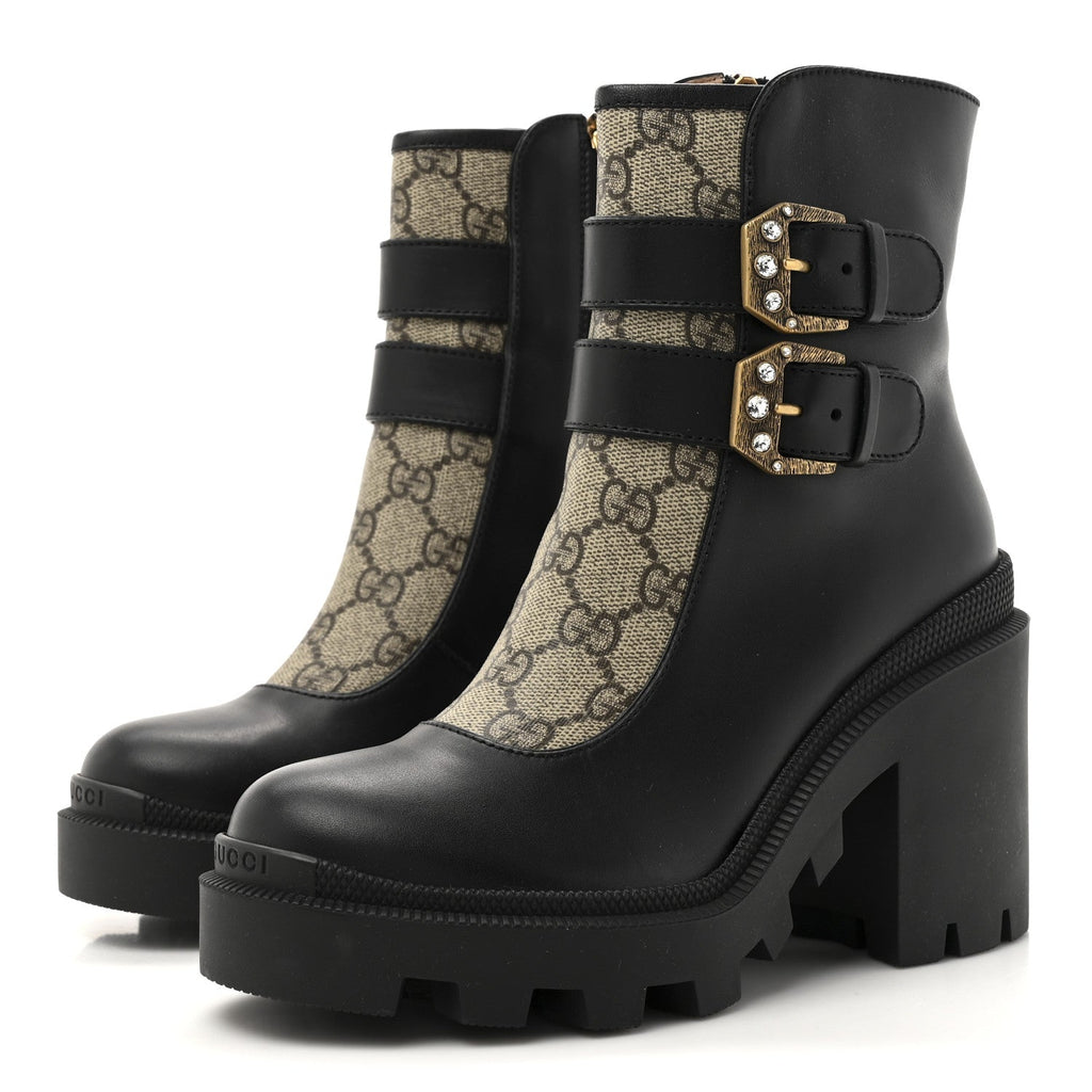 Gucci Kensington Calfskin Nappa GG Supreme Monogram Womens Double Buckle Ankle Boots 35 Black