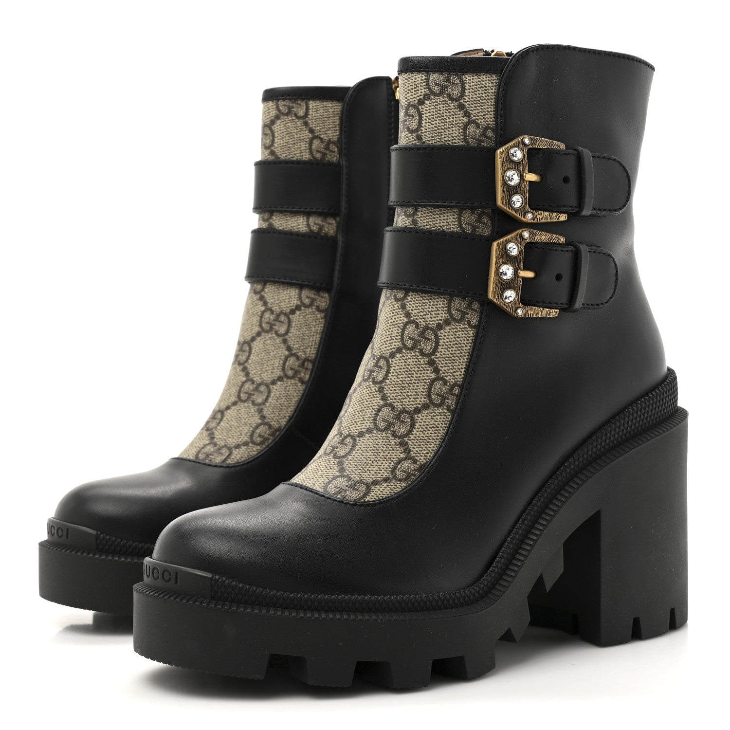 Gucci Kensington Calfskin Nappa GG Supreme Monogram Womens Double Buckle Ankle Boots 35 Black