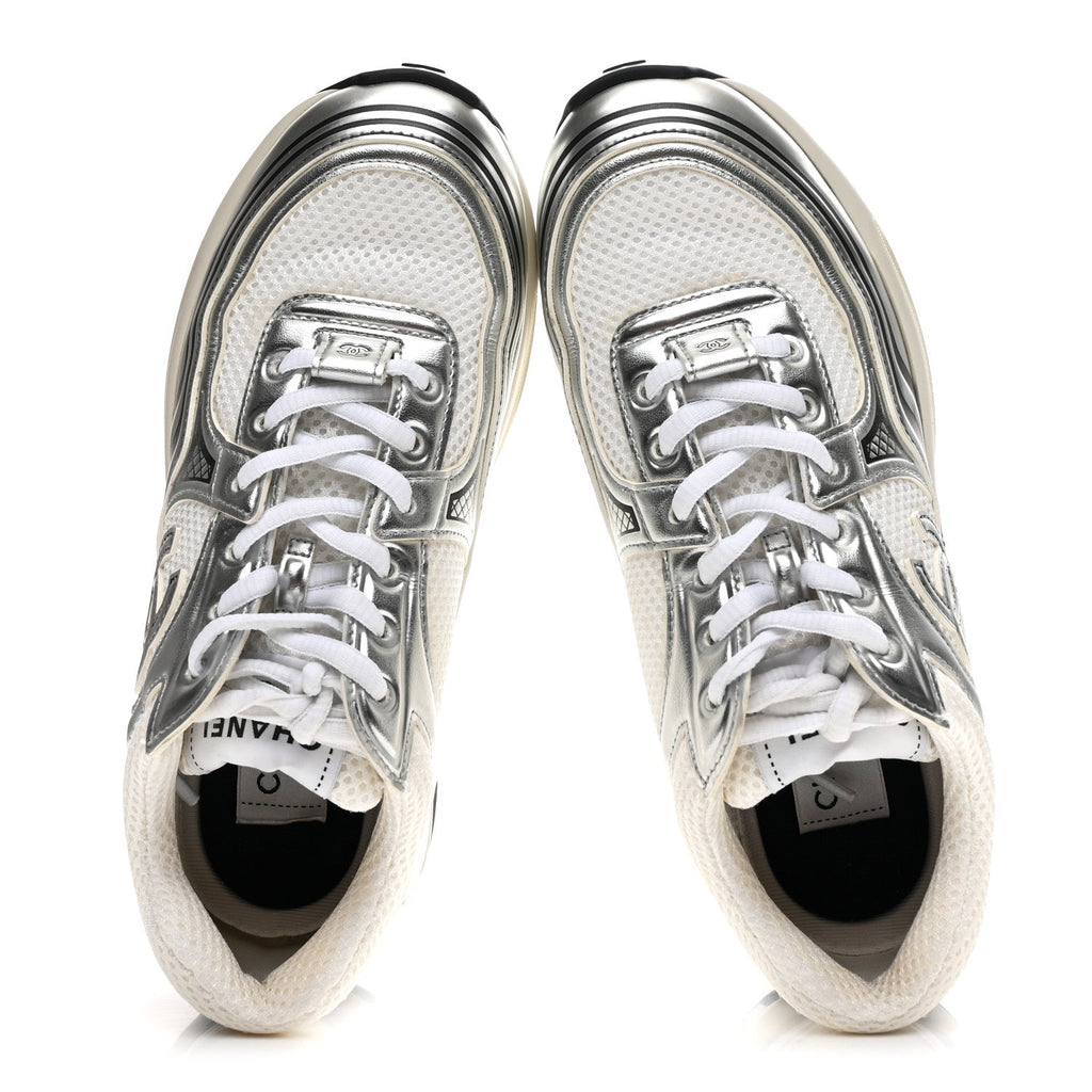 Fabric Laminated Calfskin Stretch CC Sneakers 36 White Silver
