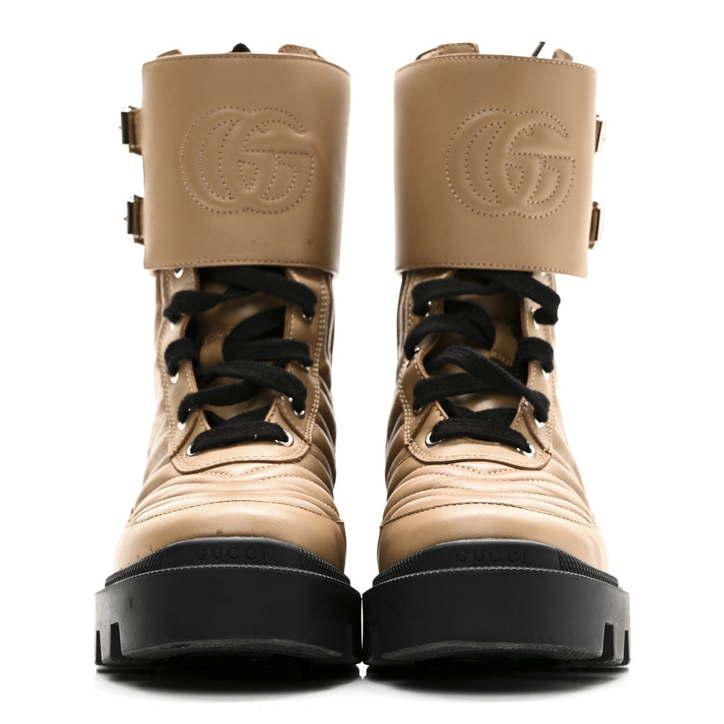 Gucci Nappa Frances GG Matelasse Platform Combat Boots 35 Natural Tan