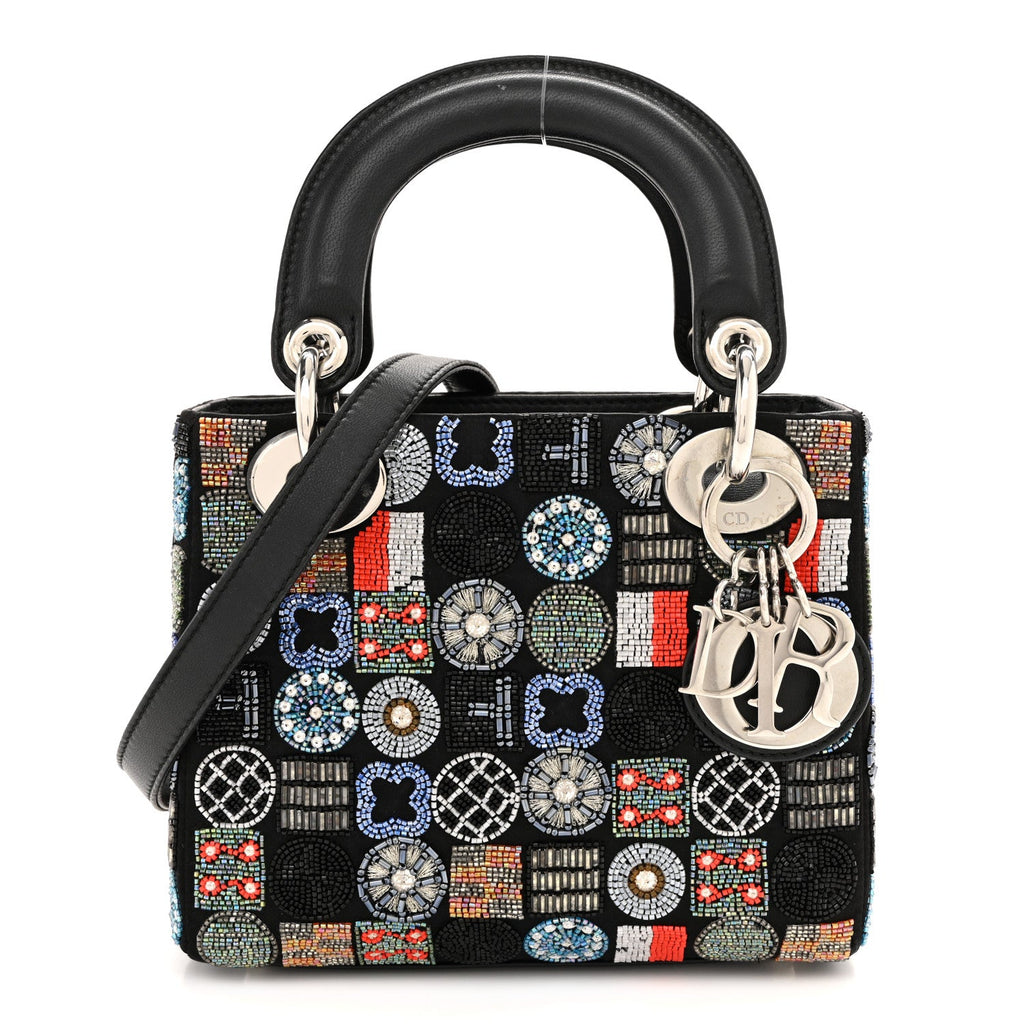 Christian Dior Satin Lambskin Embroidered Beaded Mini Lady Dior Black Multicolor