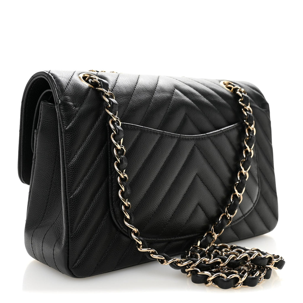 Chanel Caviar Flat Chevron Quilted Small Double Flap Black