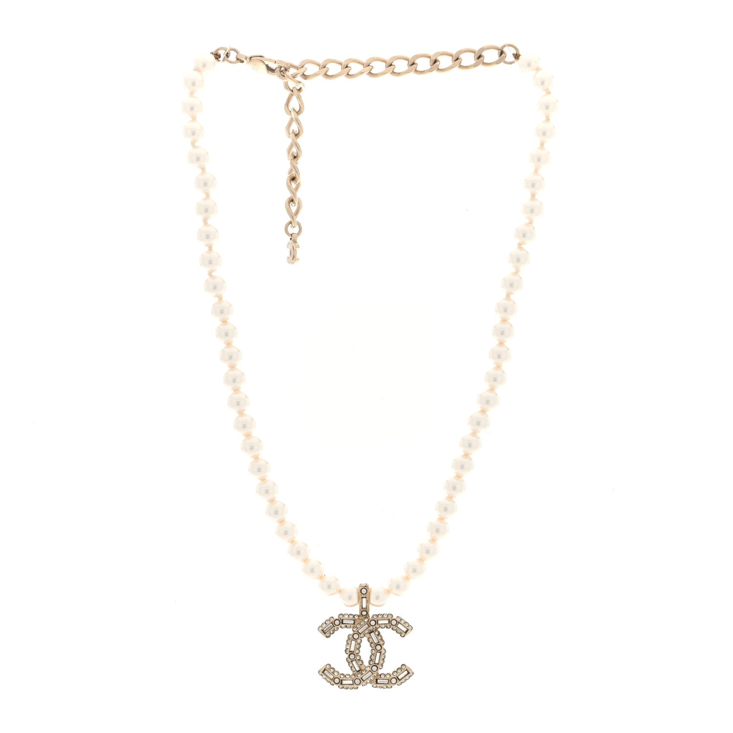 Pearl Crystal Baguette CC Short Necklace Gold
