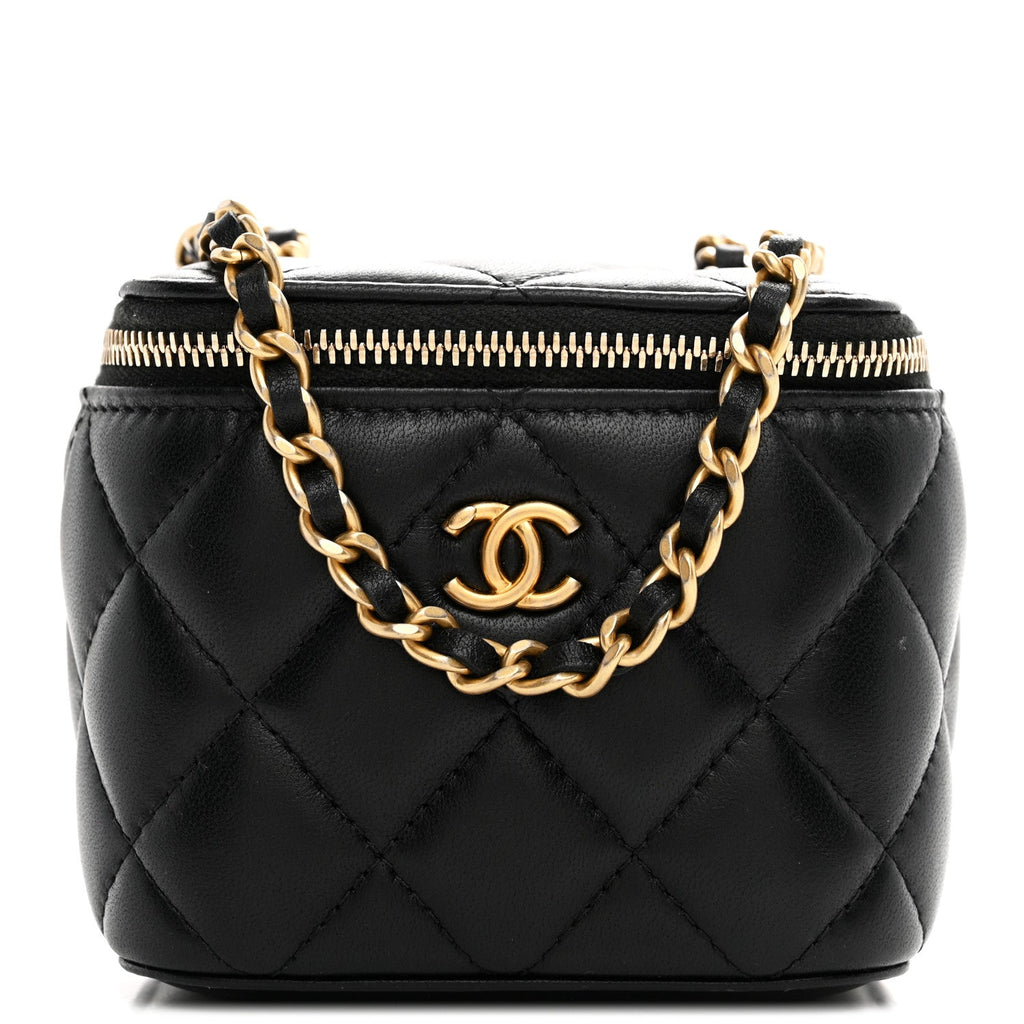 Chanel Lambskin Quilted Mini Pearl Crush Vanity Case With Chain Black
