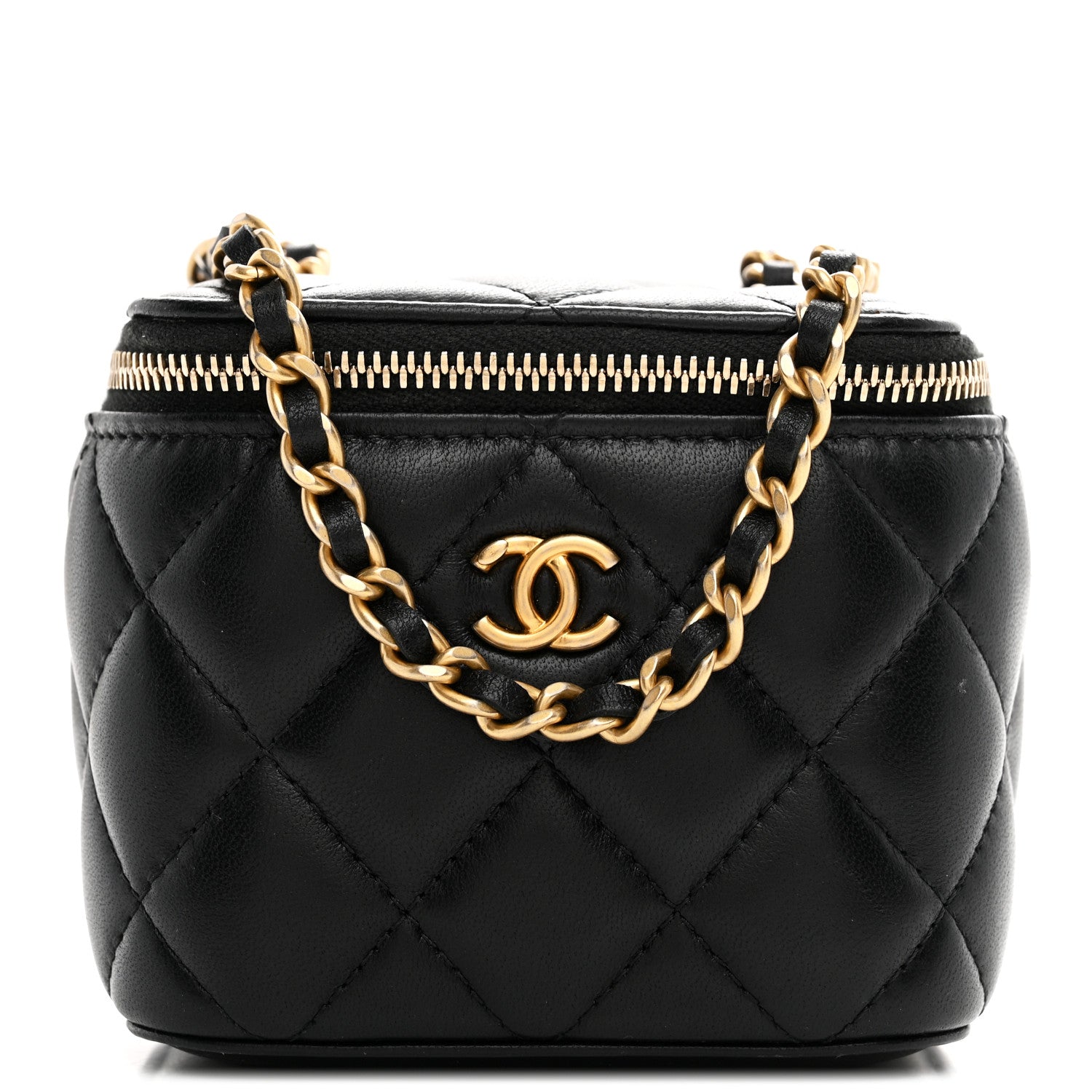 Chanel Lambskin Quilted Mini Pearl Crush Vanity Case With Chain Black