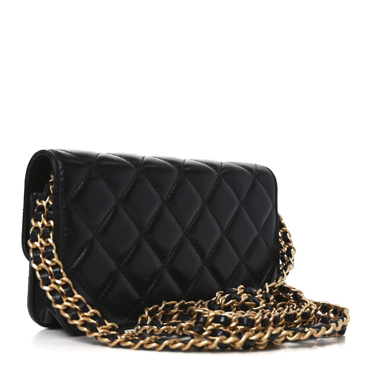 Chanel Lambskin Quilted Double Chain Flap Phone Holder With Chain Black