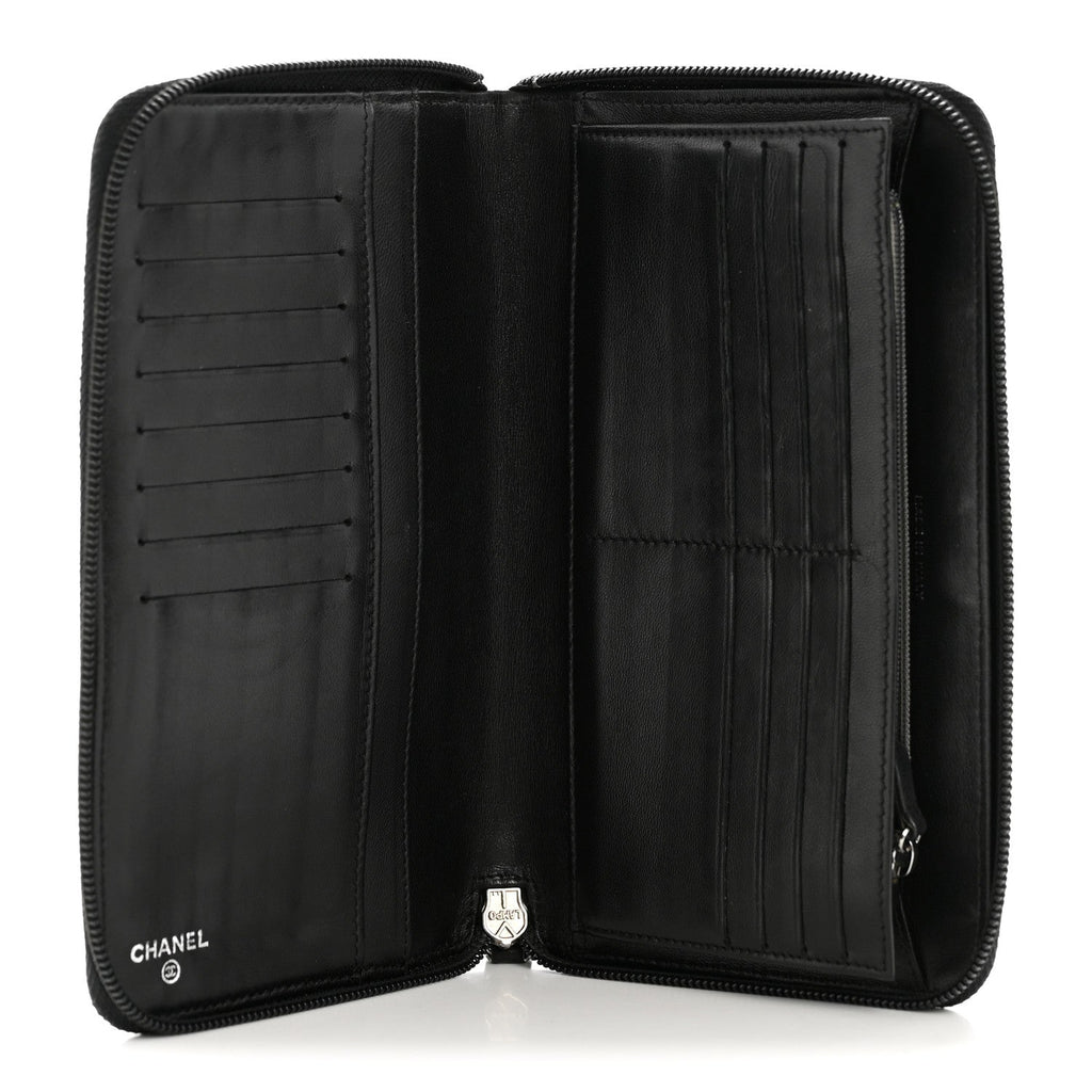 Lambskin Camellia Embossed Zip Around Organizer Wallet Black