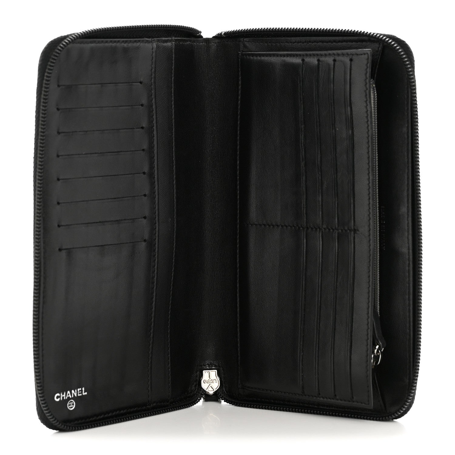 Lambskin Camellia Embossed Zip Around Organizer Wallet Black
