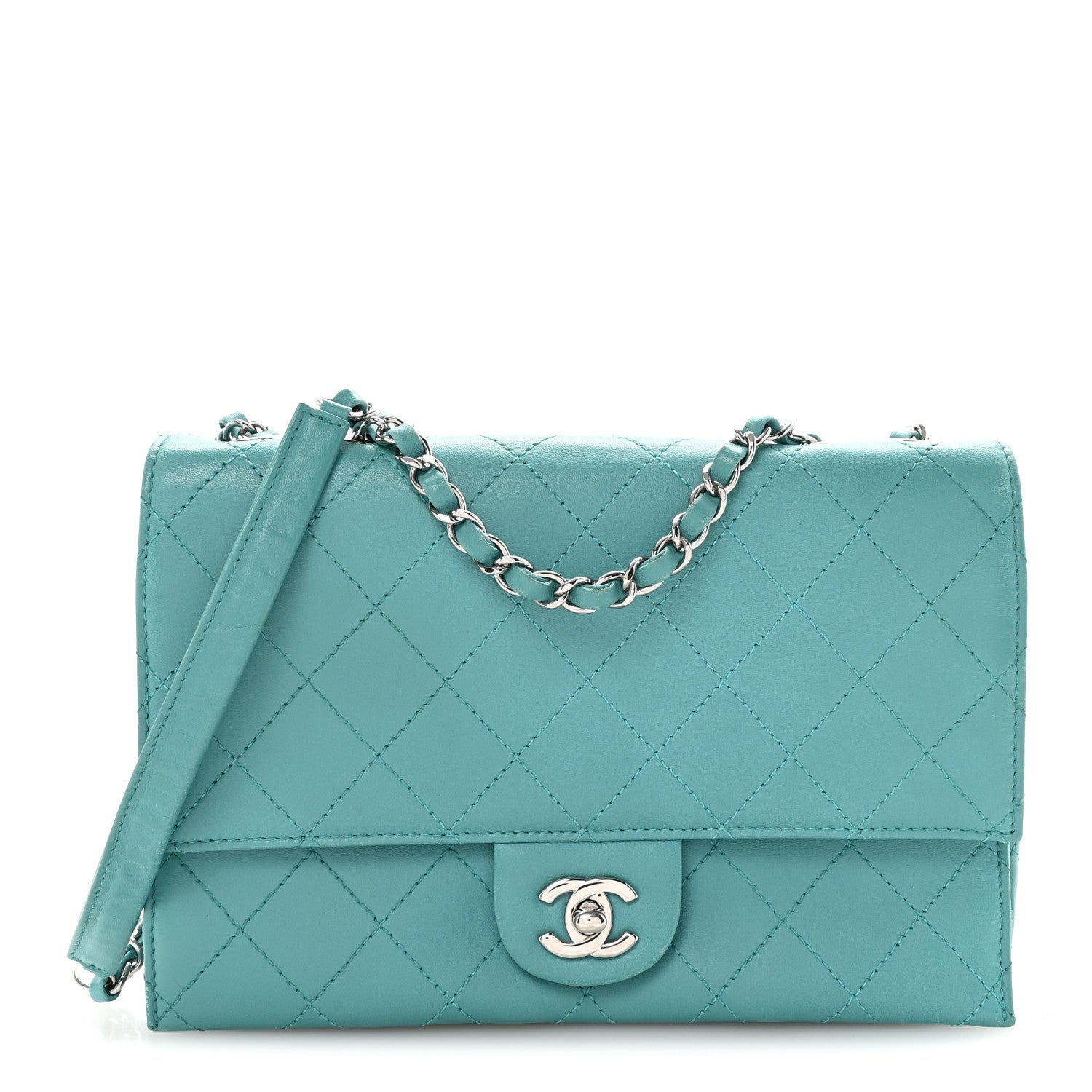Chanel Calfskin Stitched Double Flap Bag Turquoise