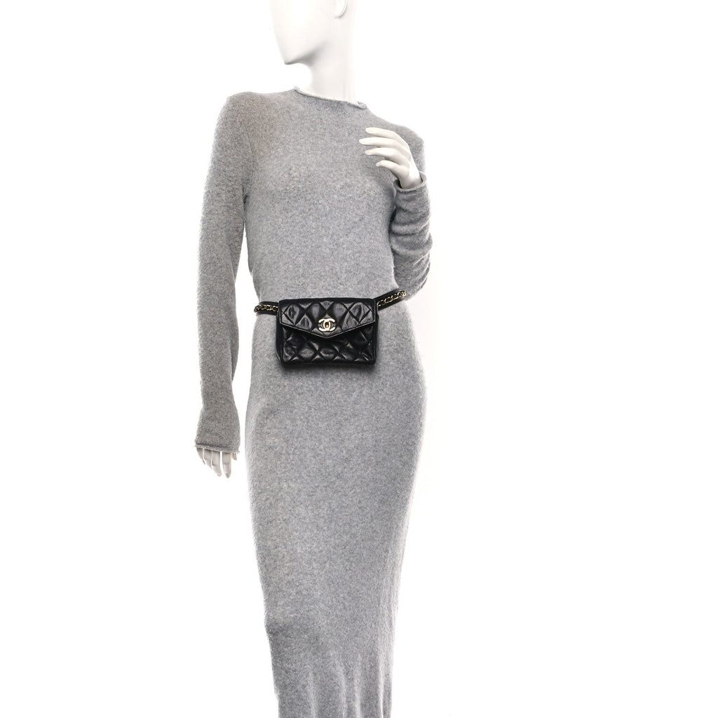 Lambskin Quilted Flap Waist Belt Bag 75 30 Black