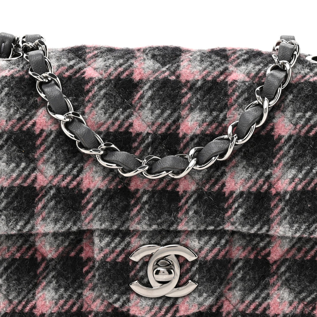 Chanel Wool Plaid Quilted Mini Rectangular Flap Pink Grey Multicolor