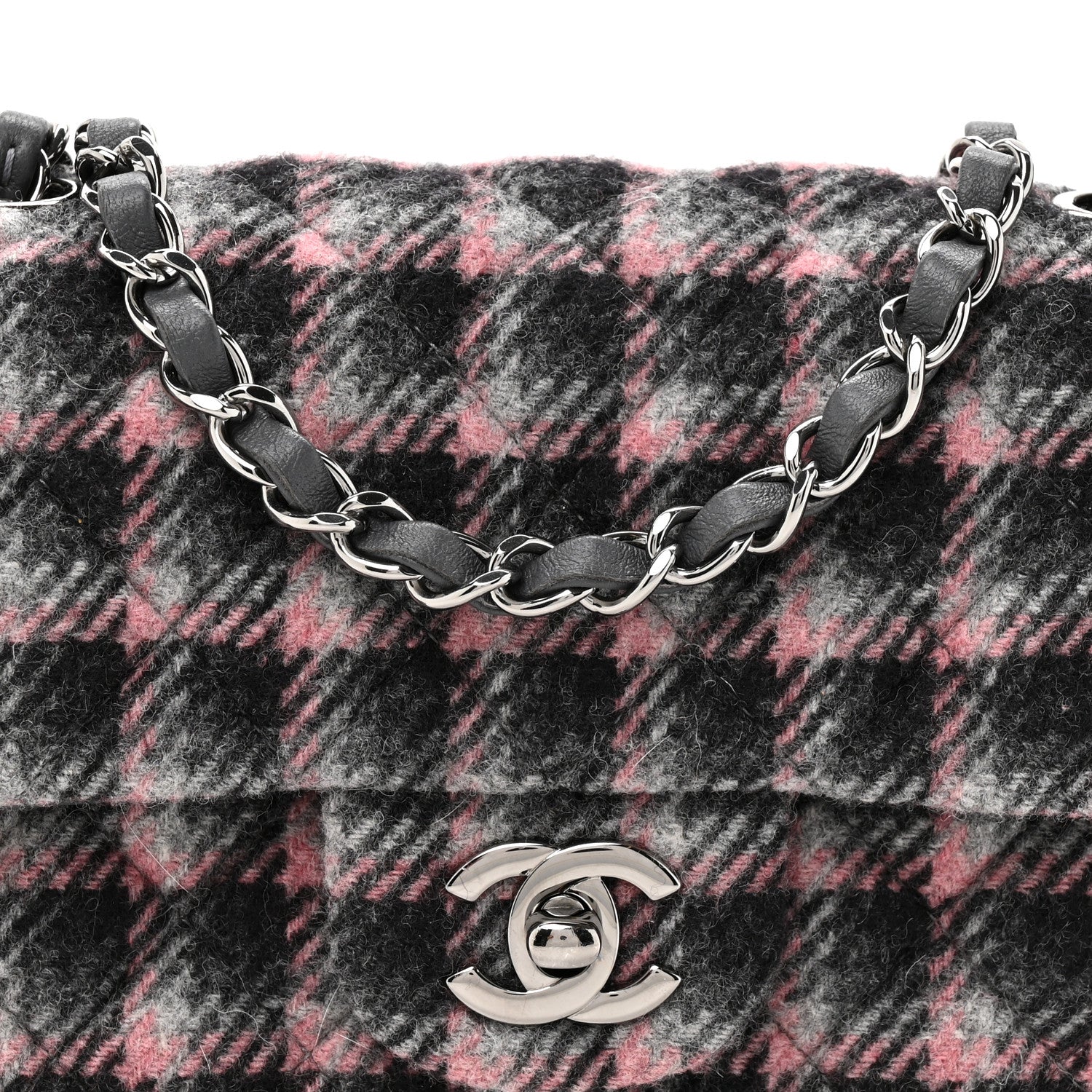Chanel Wool Plaid Quilted Mini Rectangular Flap Pink Grey Multicolor