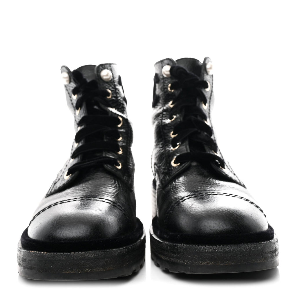 Chanel Shiny Calfskin Velvet Pearl Combat Short Boots 39 Black