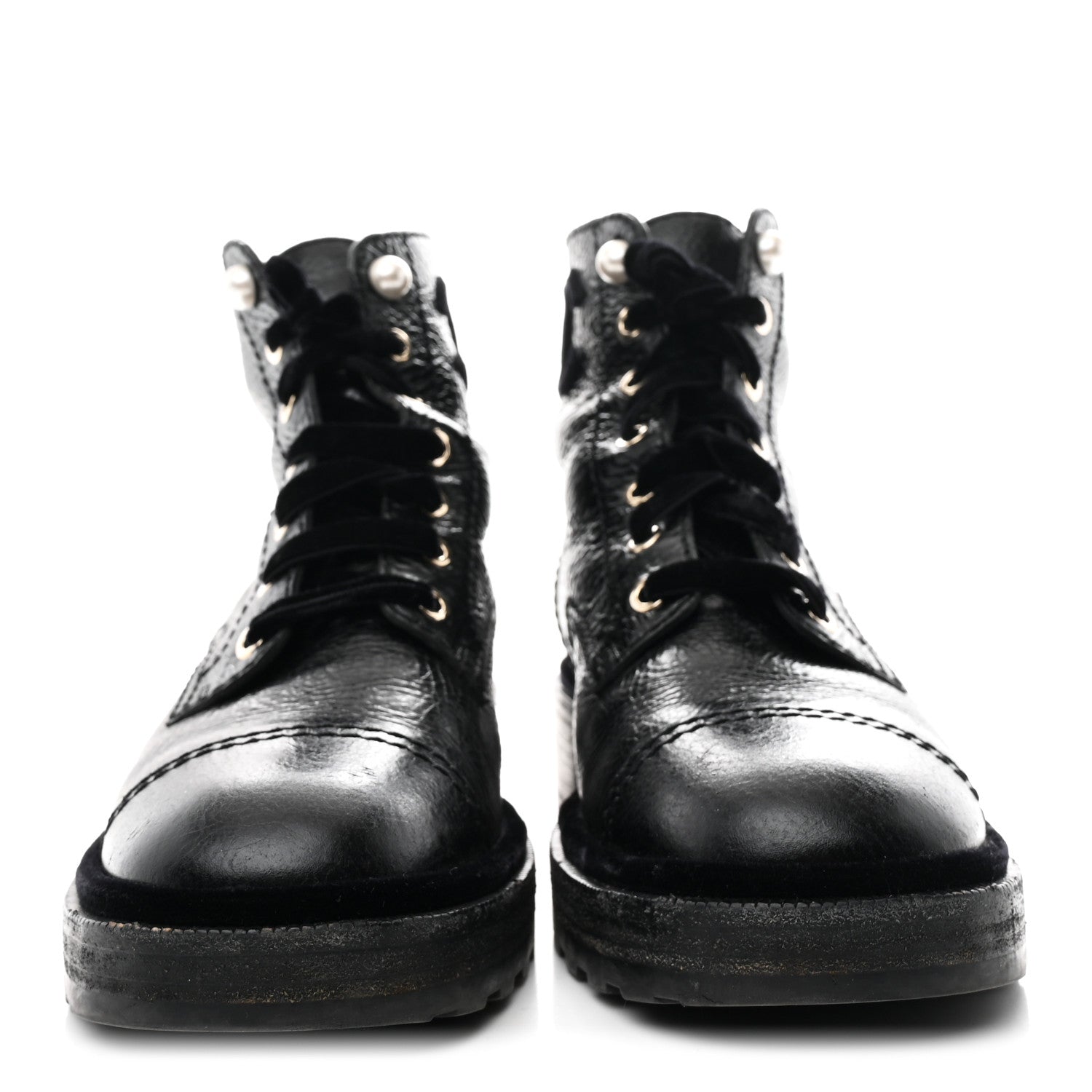 Chanel Shiny Calfskin Velvet Pearl Combat Short Boots 39 Black
