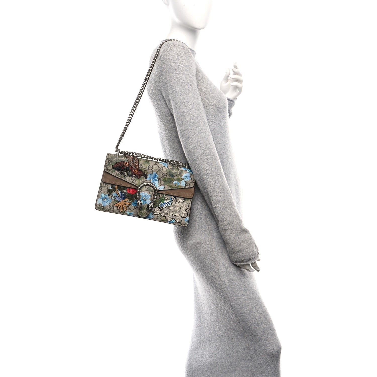 Gucci GG Supreme Monogram Blooms Print Embroidered Small Dionysus Shoulder Bag Blue Taupe