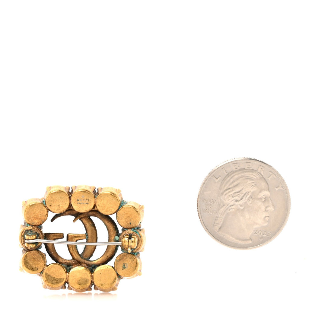 Gucci Metal Crystal Double G Brooch Aged Gold Red