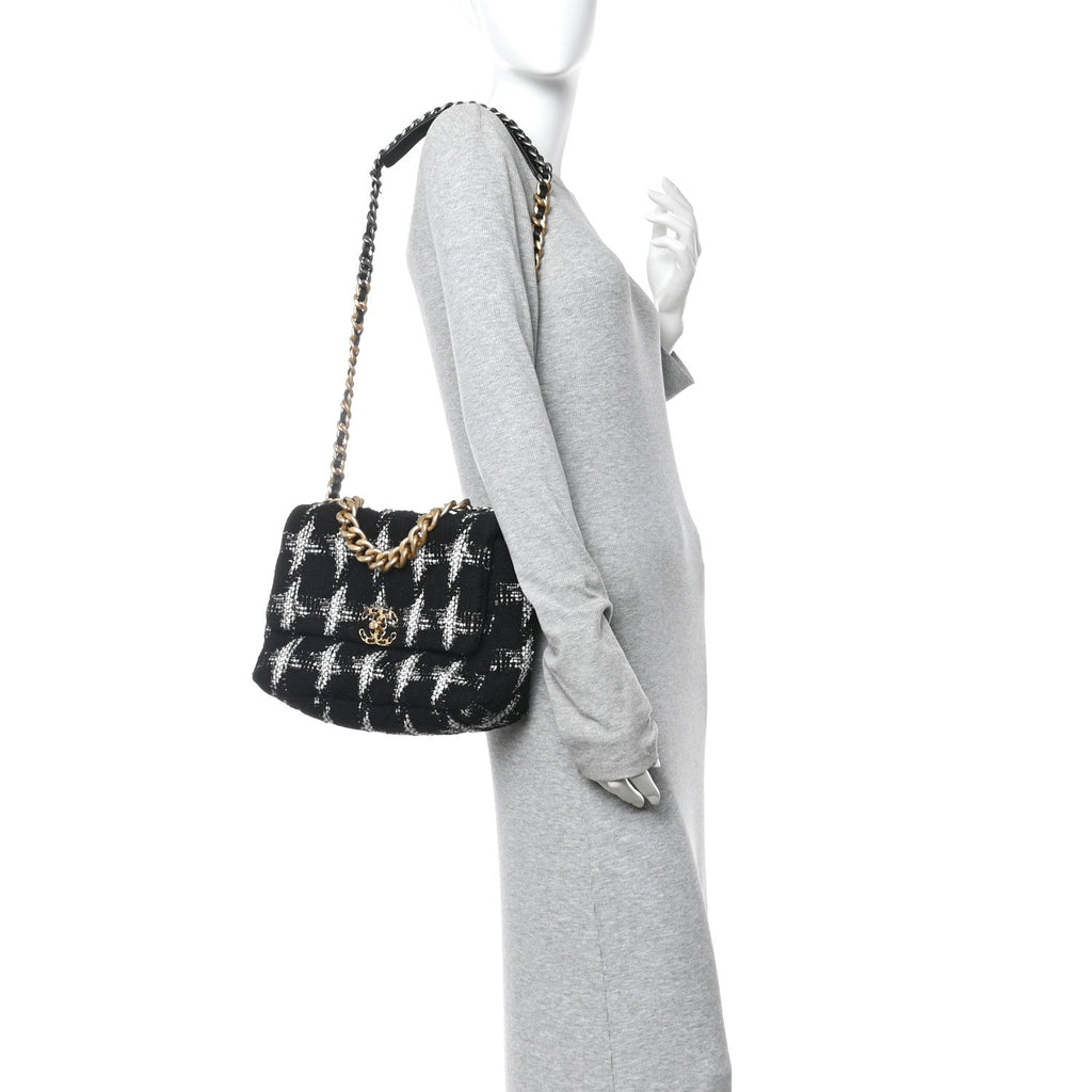 Chanel Tweed Quilted Large Chanel 19 Flap Black White