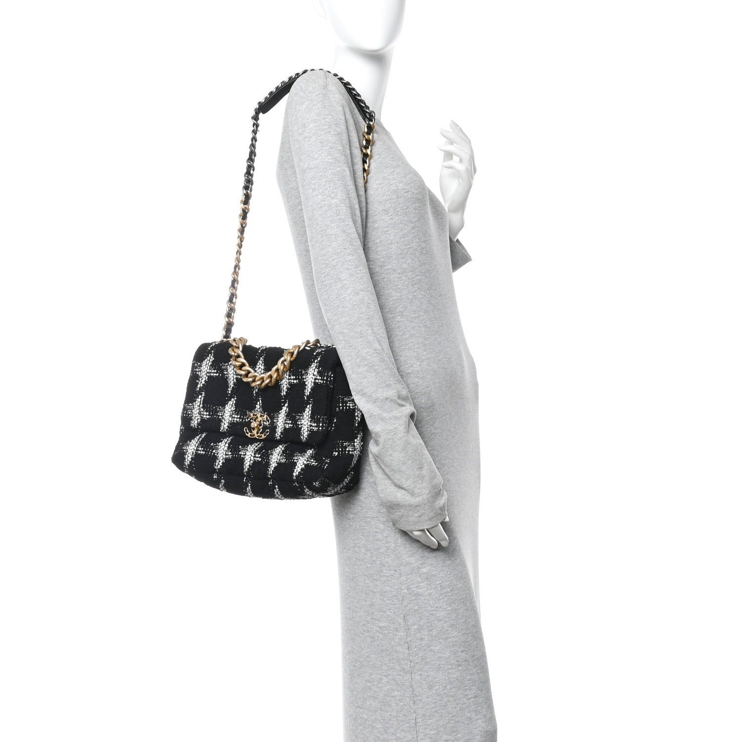 Chanel Tweed Quilted Large Chanel 19 Flap Black White