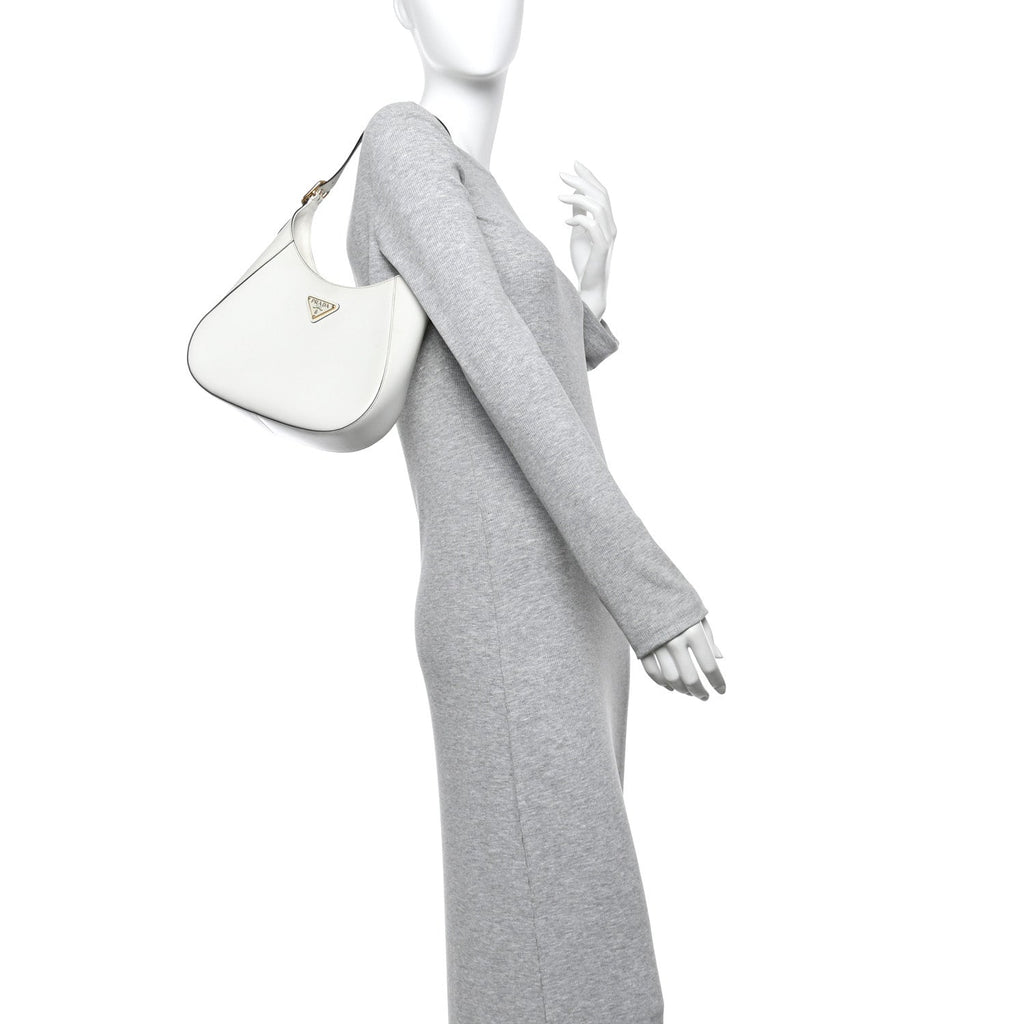 Prada Brushed Calfskin Cleo Adjustable Strap Shoulder Bag White