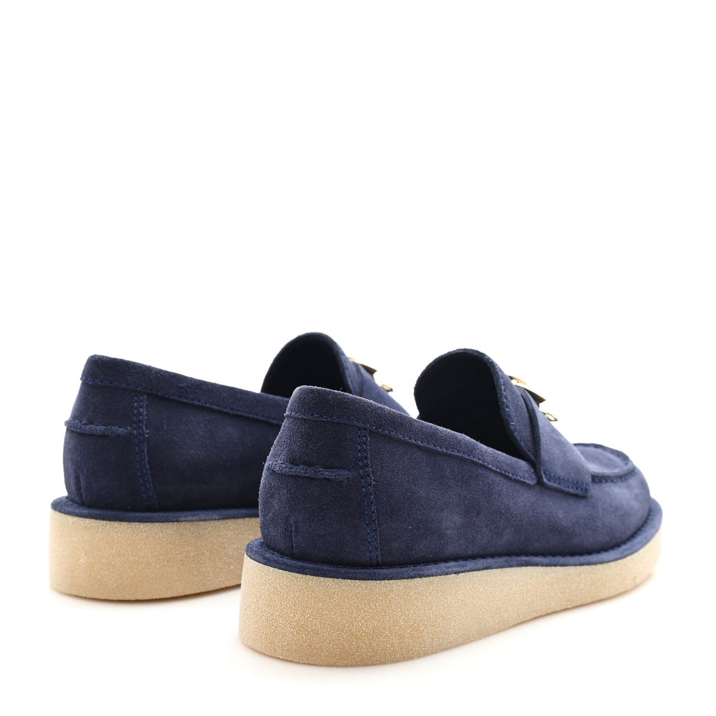 Chanel Suede Calfskin Pearl CC Moccasin Loafers 37 Navy
