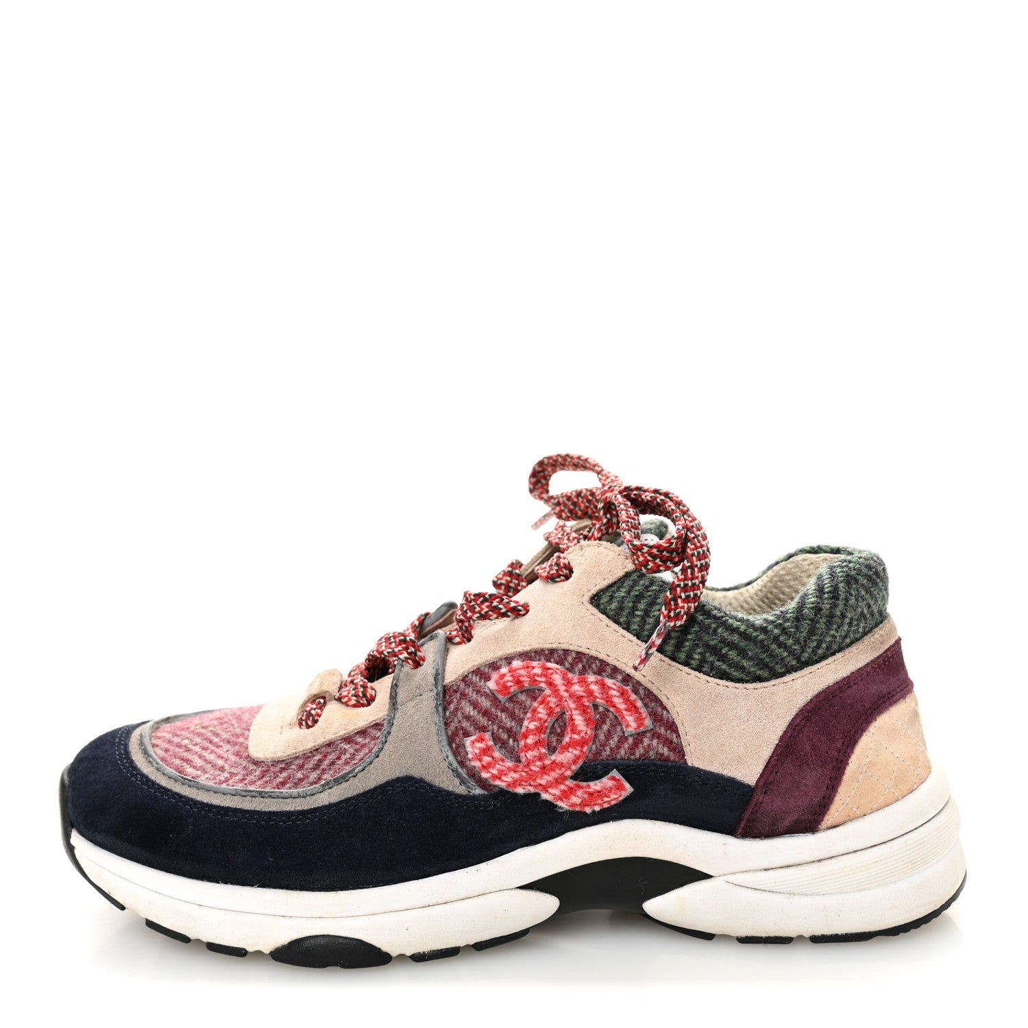 Chanel Tweed Suede CC Sneakers 38.5 Navy Red Multicolor