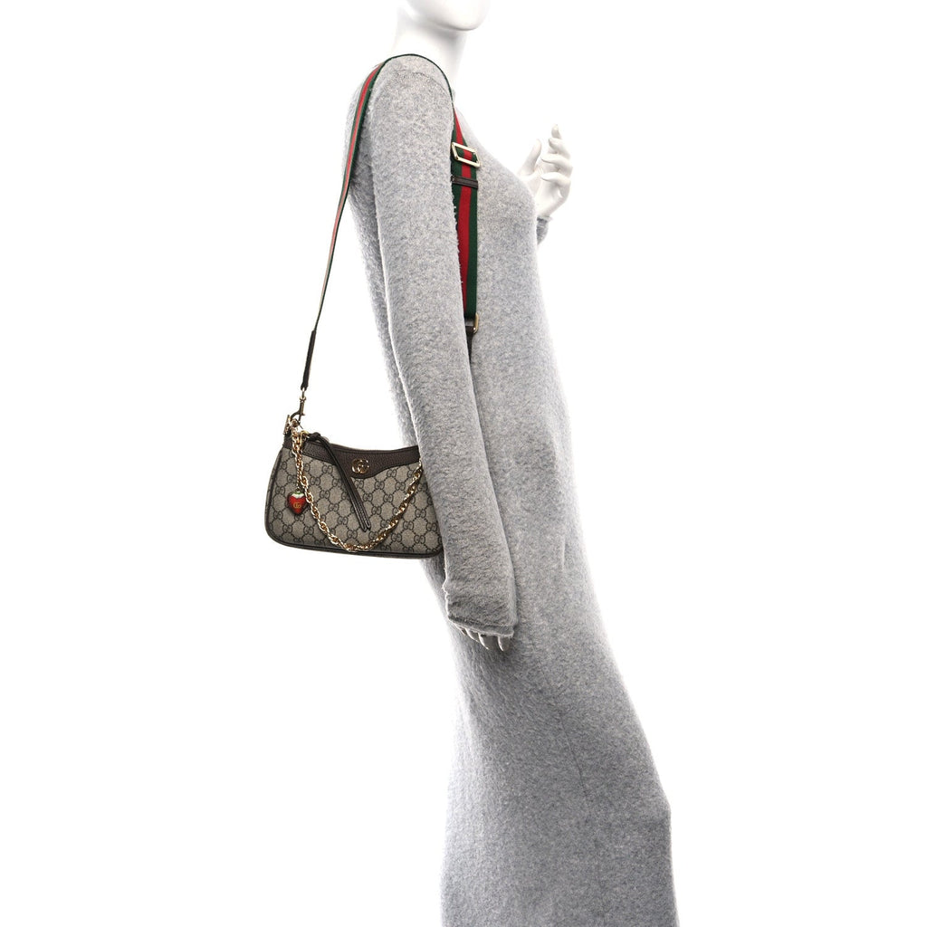 Gucci GG Supreme Monogram Textured Dollar Calfskin Web Small Ophidia GG Handbag Beige Ebony New Acero