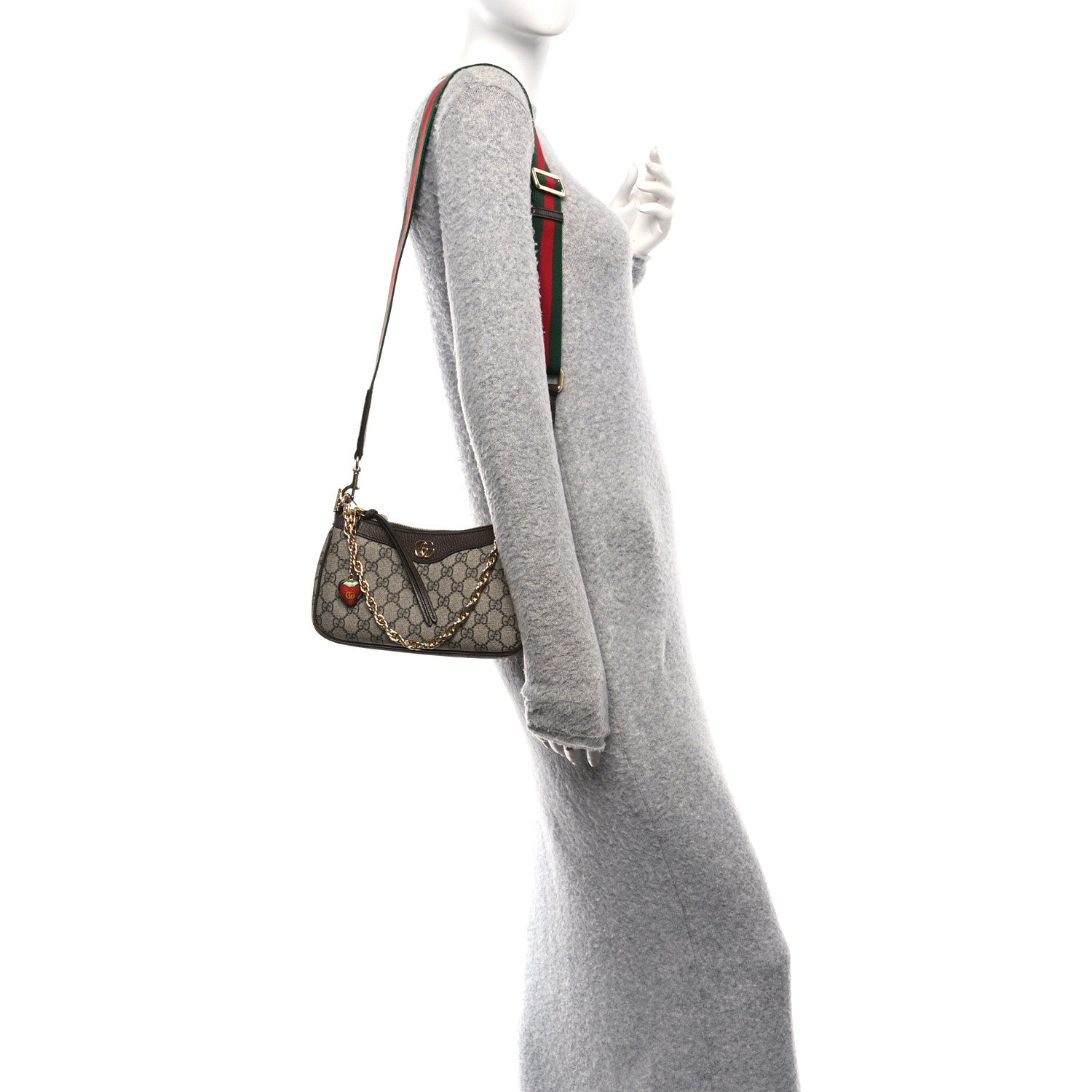 Gucci GG Supreme Monogram Textured Dollar Calfskin Web Small Ophidia GG Handbag Beige Ebony New Acero