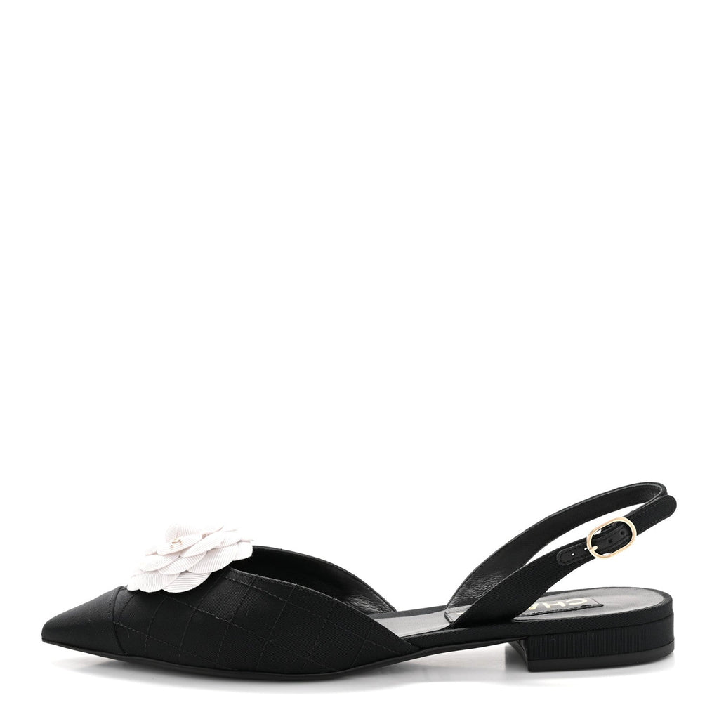 Grosgrain Camellia Slingback Flats 39.5 Black White