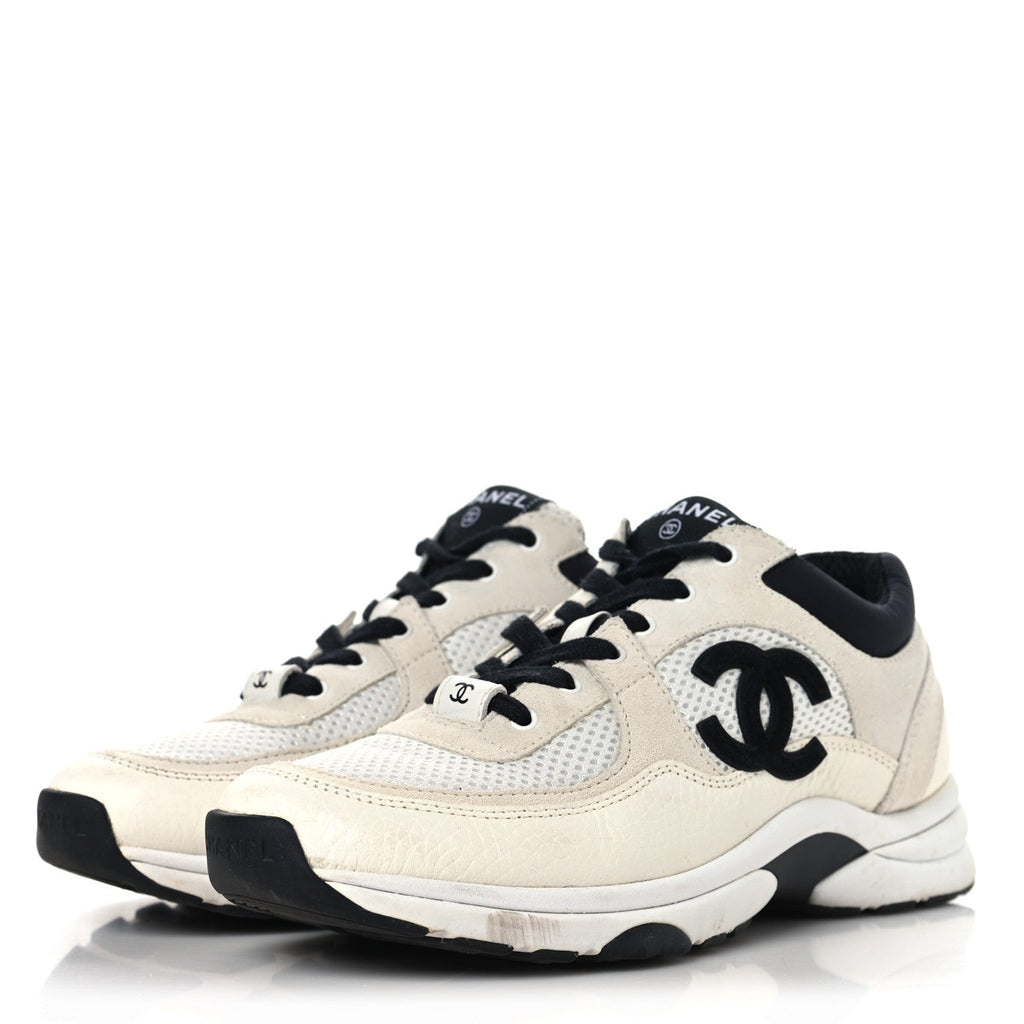 Mesh Suede Calfskin Grained Calfskin Womens CC Sneakers 37.5 White Black