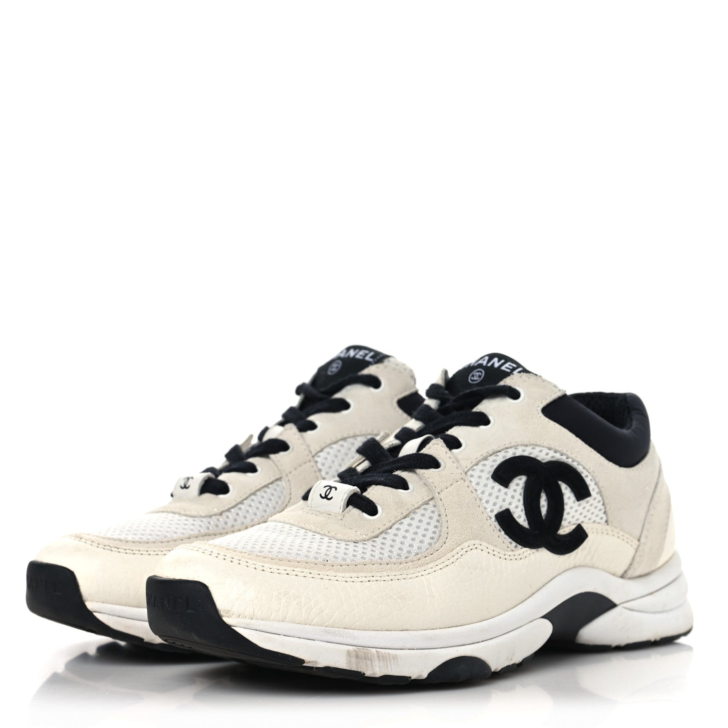 Mesh Suede Calfskin Grained Calfskin Womens CC Sneakers 37.5 White Black