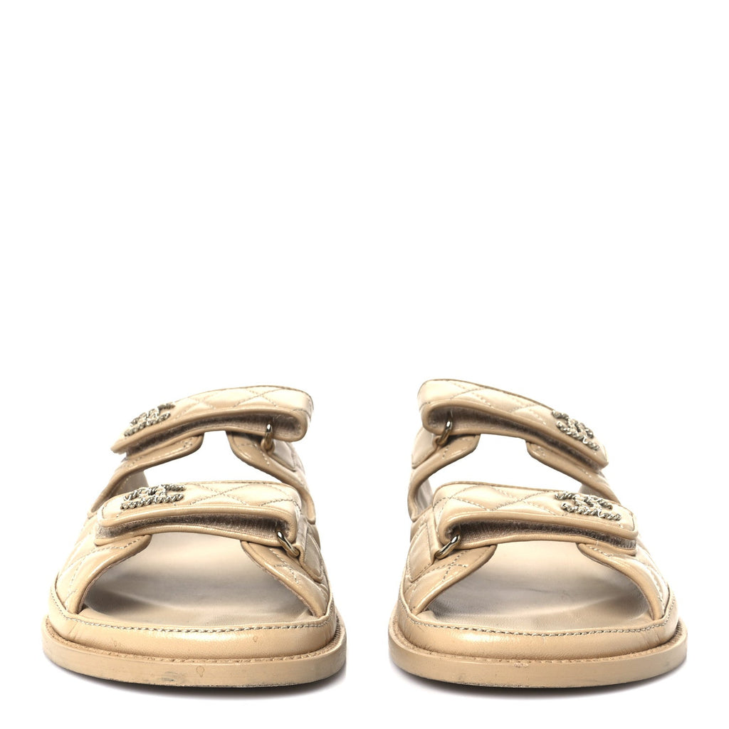 Lambskin Quilted Velcro Dad Chain CC Slide Sandals 39.5 Beige