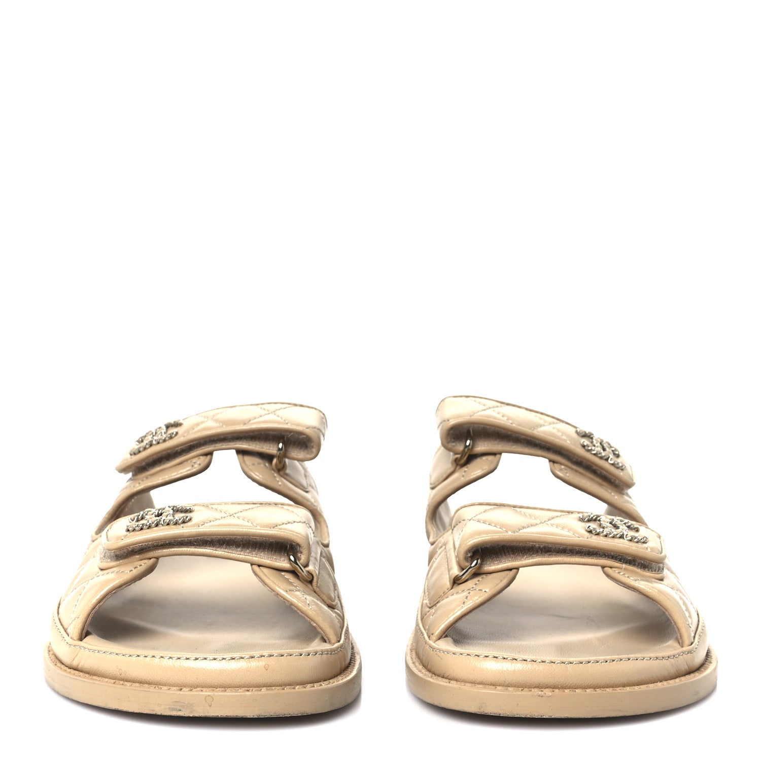 Lambskin Quilted Velcro Dad Chain CC Slide Sandals 39.5 Beige