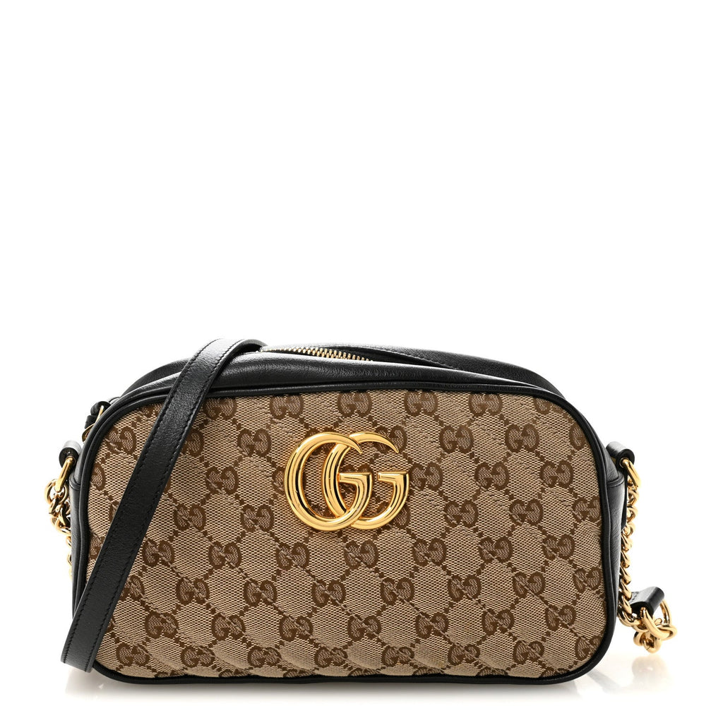 Gucci Monogram Matelasse Diagonal Small GG Marmont Chain Shoulder Bag Beige Black