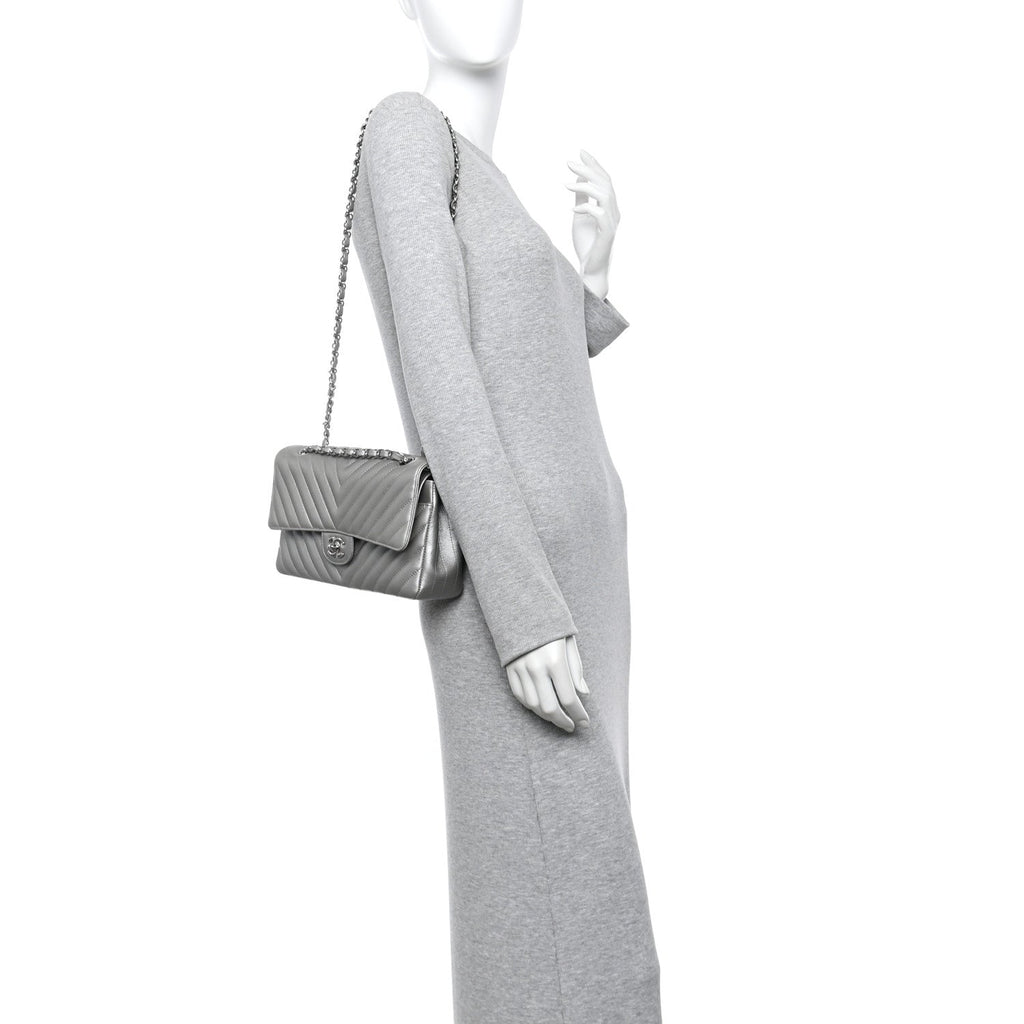 Chanel Metallic Caviar Chevron Quilted Medium Double Flap Silver