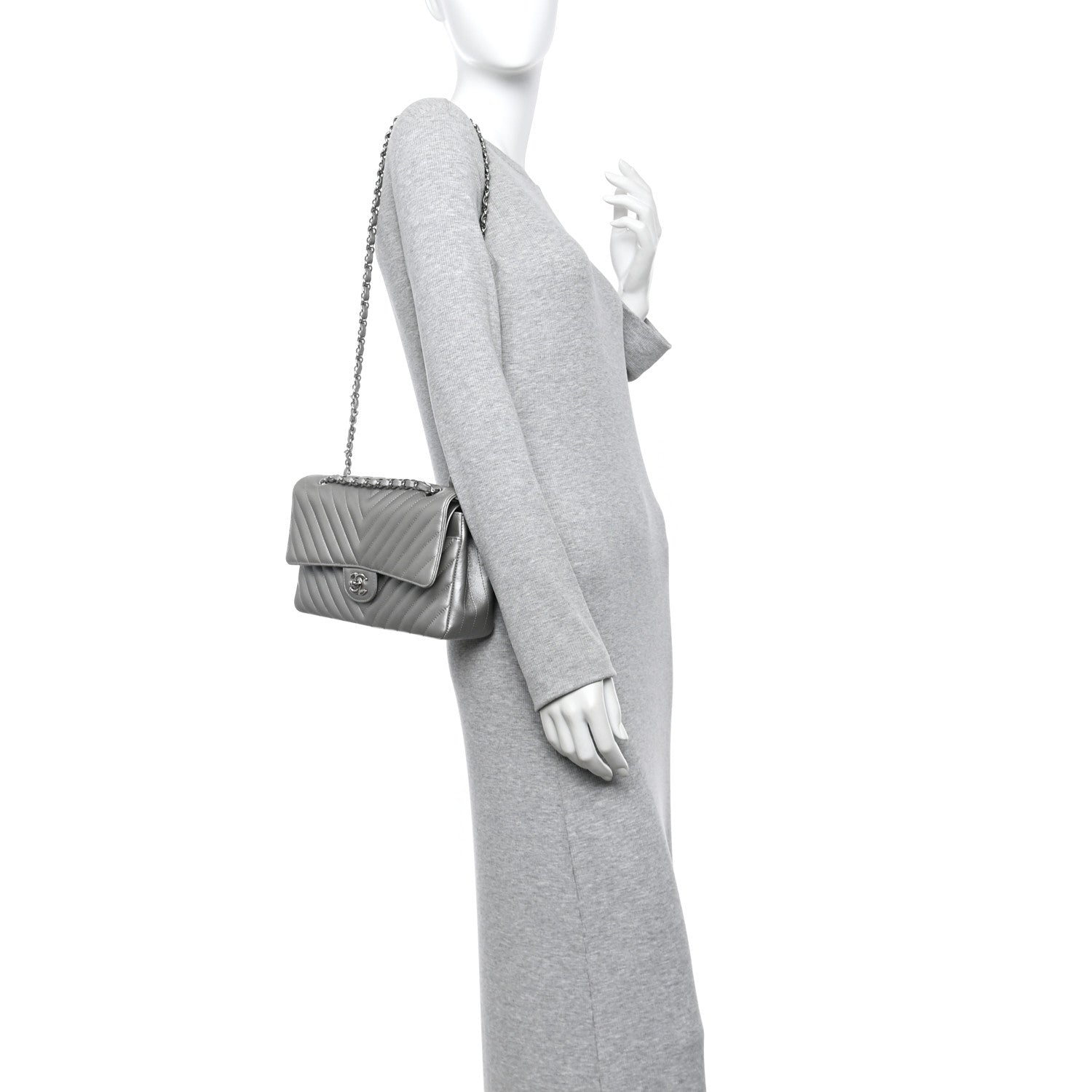 Chanel Metallic Caviar Chevron Quilted Medium Double Flap Silver