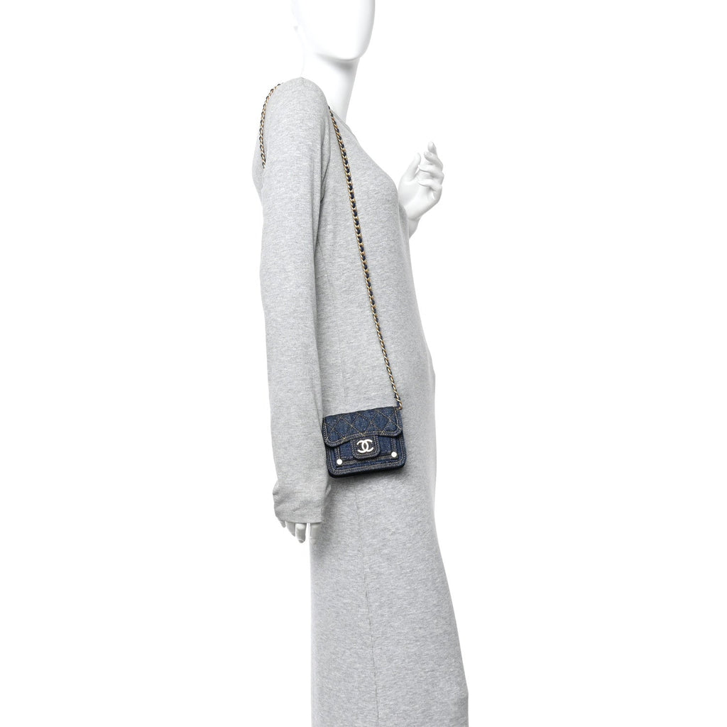 Chanel Denim Quilted Double You Card Holder On Chain Blue