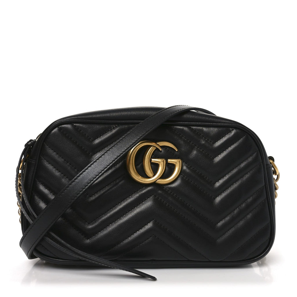 Gucci Calfskin Matelasse Small GG Marmont Chain Shoulder Bag Black