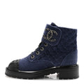 Chanel Shiny Calfskin Velvet Quilted Lace Up Combat Boots 38.5 Blue Black