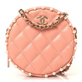 Chanel Calfskin Quilted Pearl Round Clutch With Chain Pink