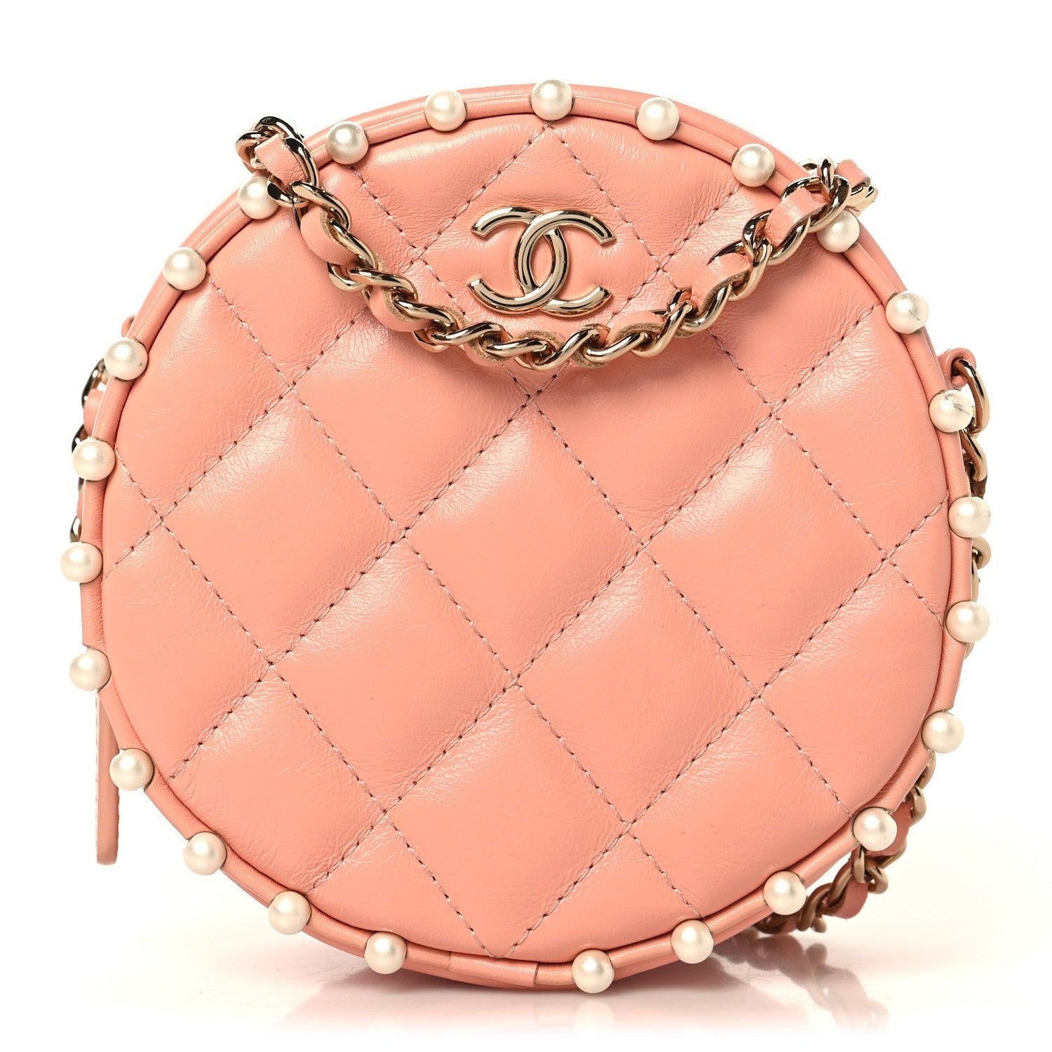 Chanel Calfskin Quilted Pearl Round Clutch With Chain Pink