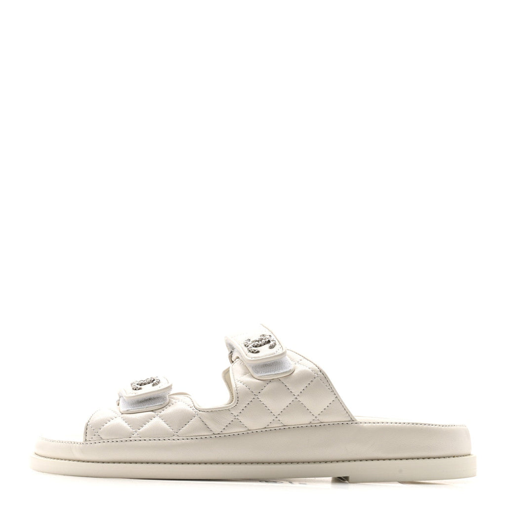 Lambskin Quilted Velcro Dad Chain CC Slide Sandals 39.5 White