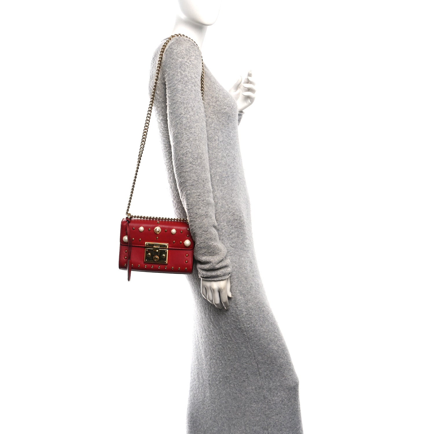 Gucci Calfskin Studded Small Padlock Shoulder Bag Hibiscus Red