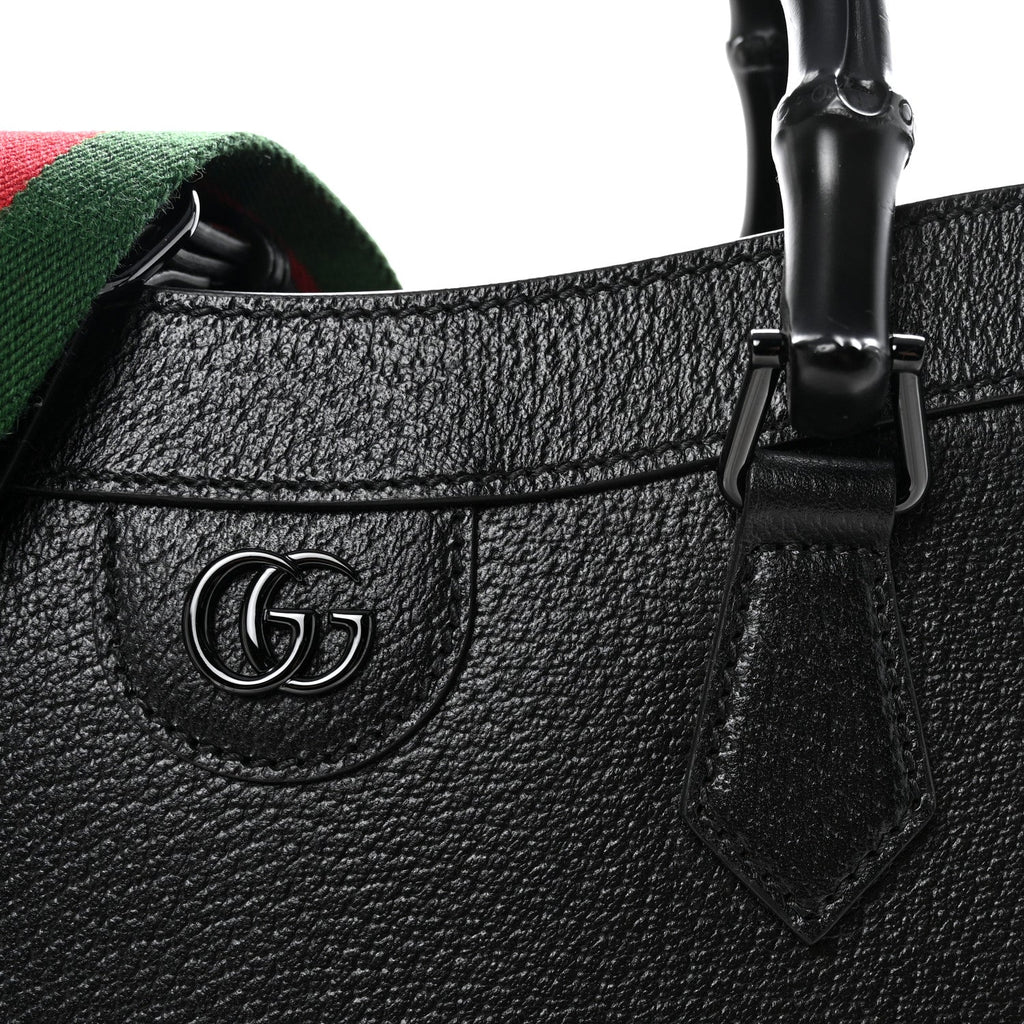 Gucci Textured Dollar Calfskin Web Monochrome Large Diana Tote Bag Black